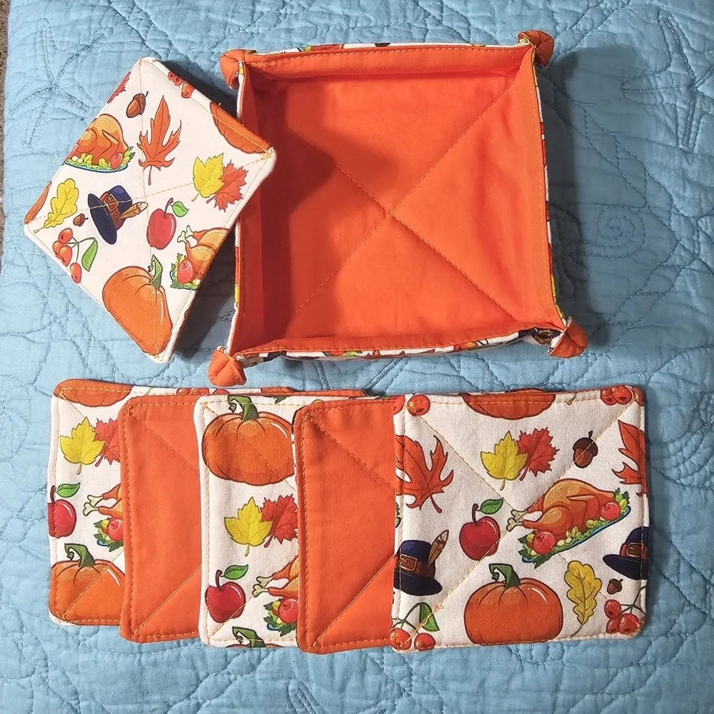 Handmade Fall Thanksgiving Harvest Print Cotton Reversible Set Of 6 Coasters
